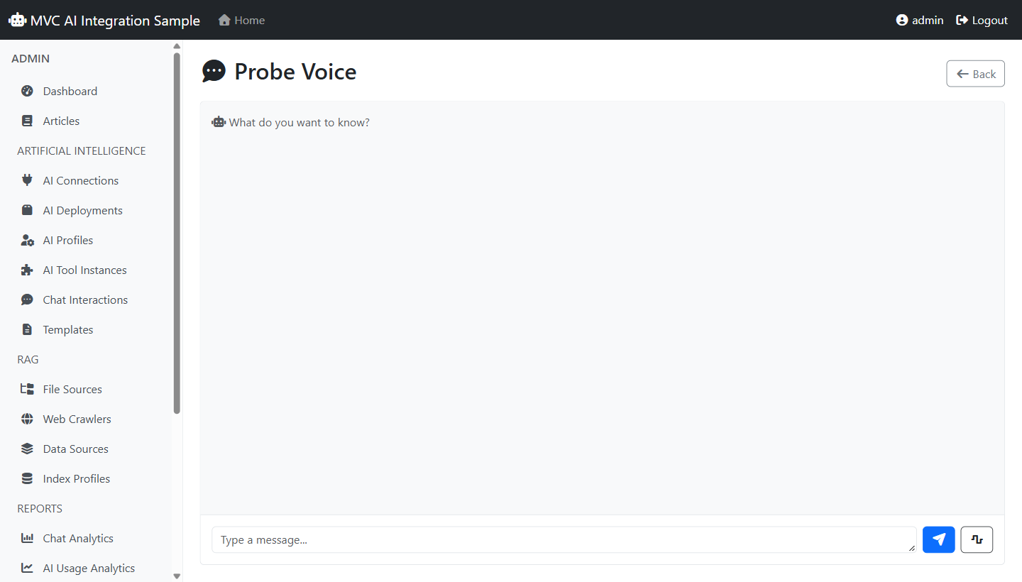 A chat surface in conversation mode: a wide message box, a send button, and a soundwave toggle