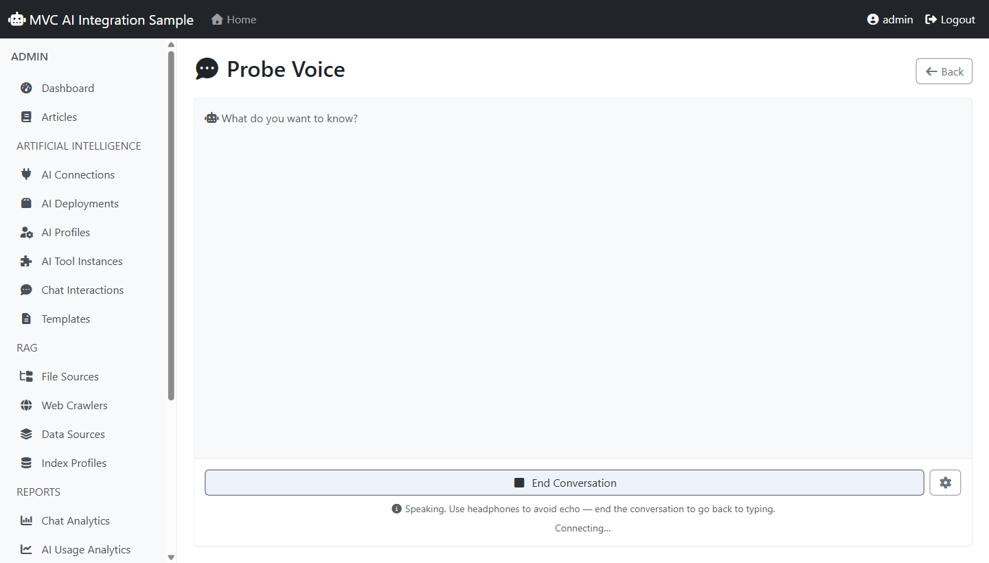 The same surface while speaking: a full-width End Conversation button and a settings gear, with the message box gone